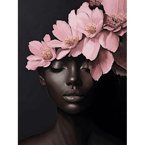 Pink Flowers Woman Canvas Wall Art，Suitable for Living Room，Bedroom，Bathroom，Office，and Dinning Room Decoration.