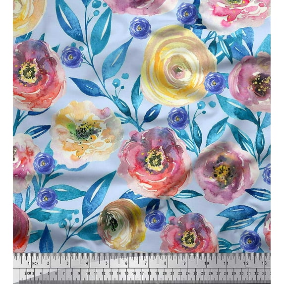 Soimoi Green polyester Crepe Fabric Leaves & Pink Floral Print Fabric by The Yard 42 Inch Wide