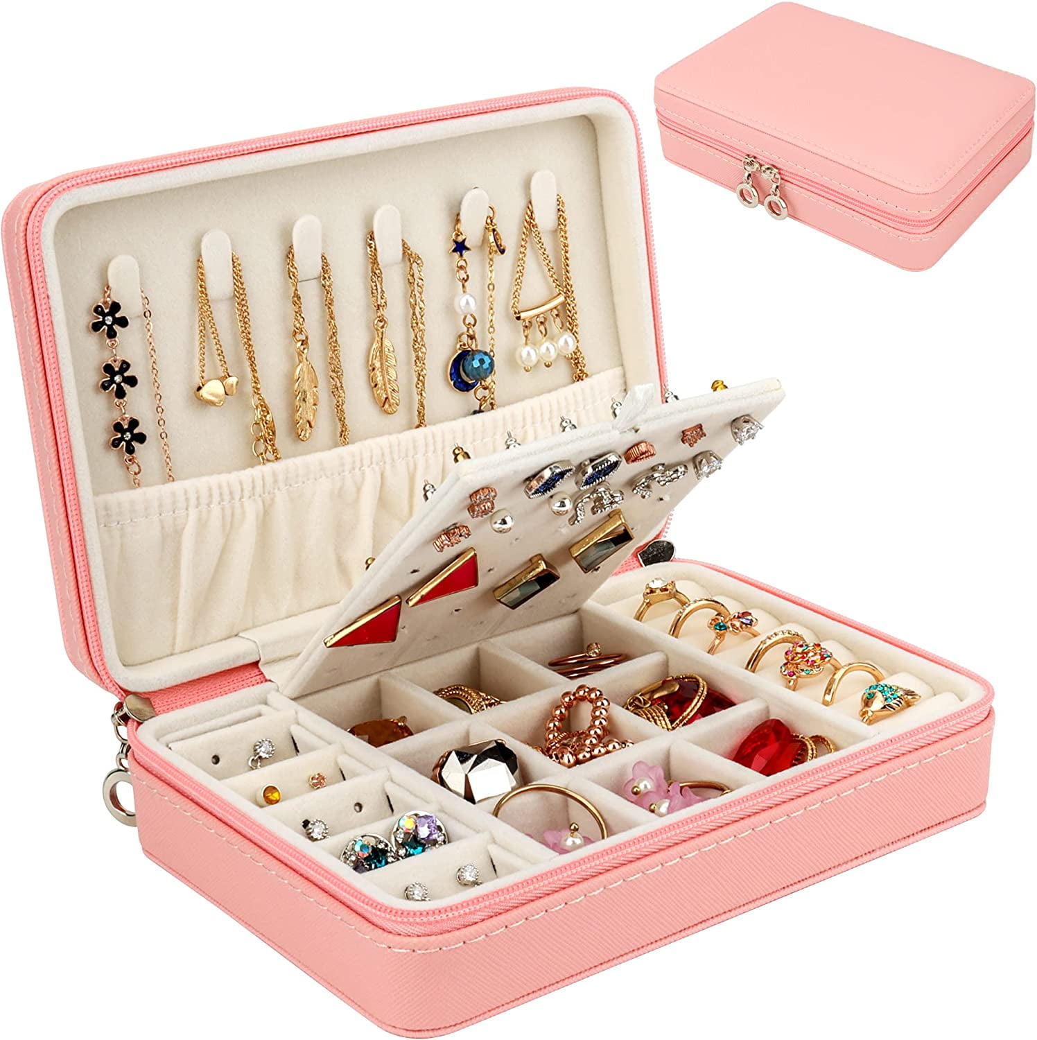 Zumier Jewelry Box Organizer for Women Girls,PU Leather Earring Box  Organizer with Diamond Button for Christmas and New Year Gifts-Pink