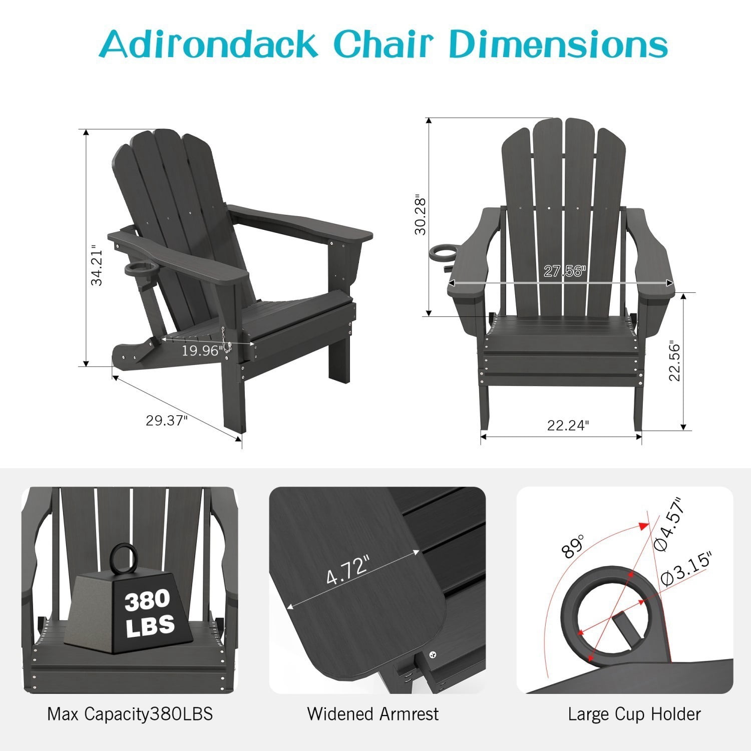 Folding Adirondack Chair, HDPE Outdoor Chair with Cup Holder, Weather Resistant Patio Chair with Wood Grain Finish for Lawn, Deck, Fire Pit, Gray