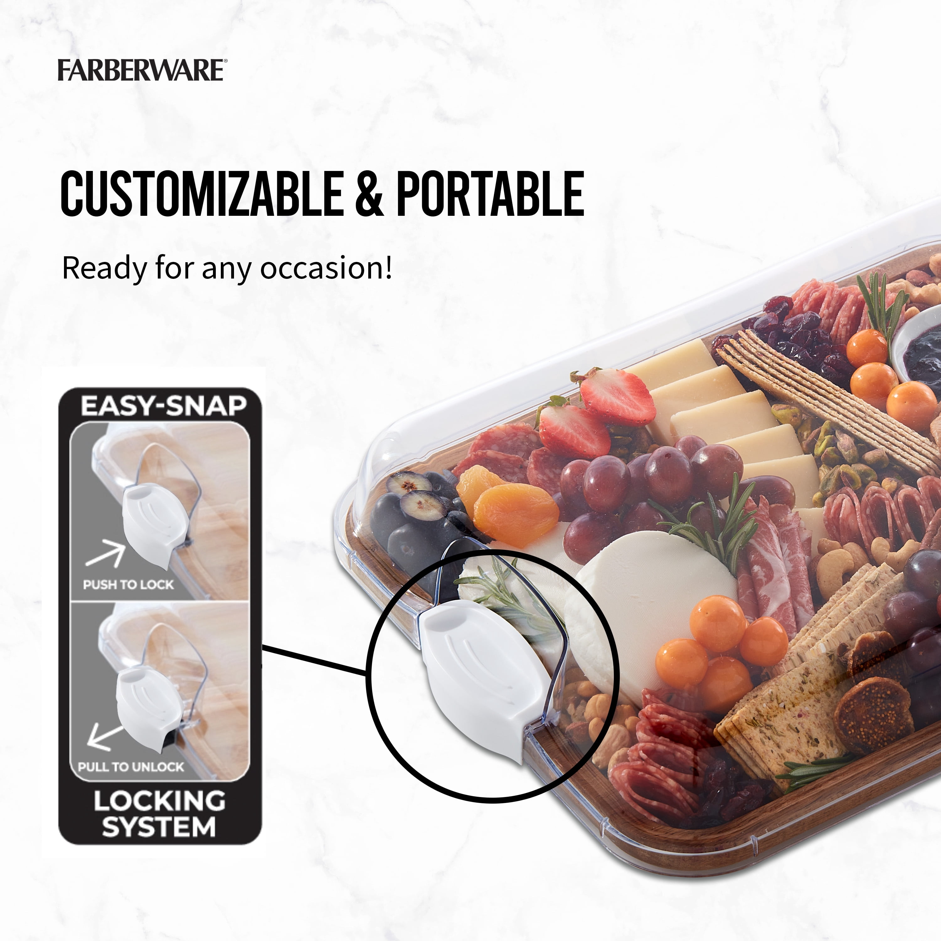 Farberware Build-a-Board Acacia Board, Single Compartment, Locking Lid, Charcuterie, 11x14, White
