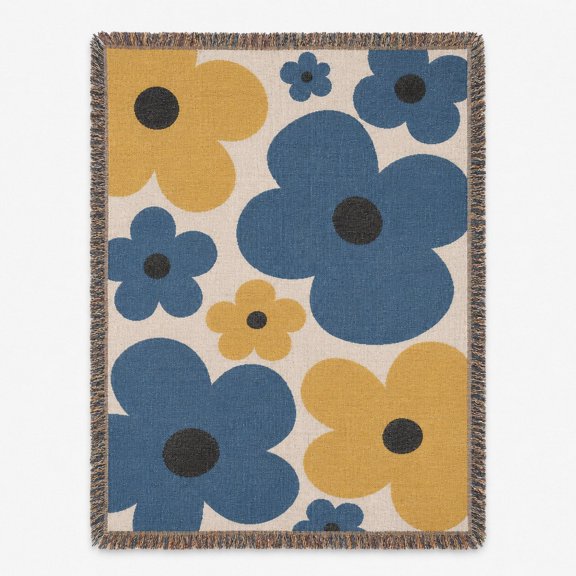 Blue and Yellow Oversized Floral Woven Throw Blanket, 100% Cotton, Retro Style for Living Room Decor