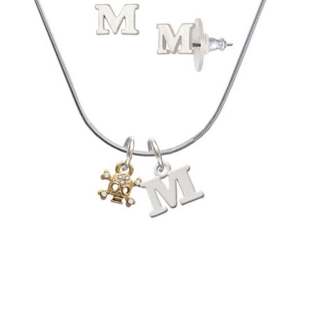 Mini Gold Tone Skull & Bones with Crystals – M Initial Charm Necklace and Stud Earrings Jewelry Set