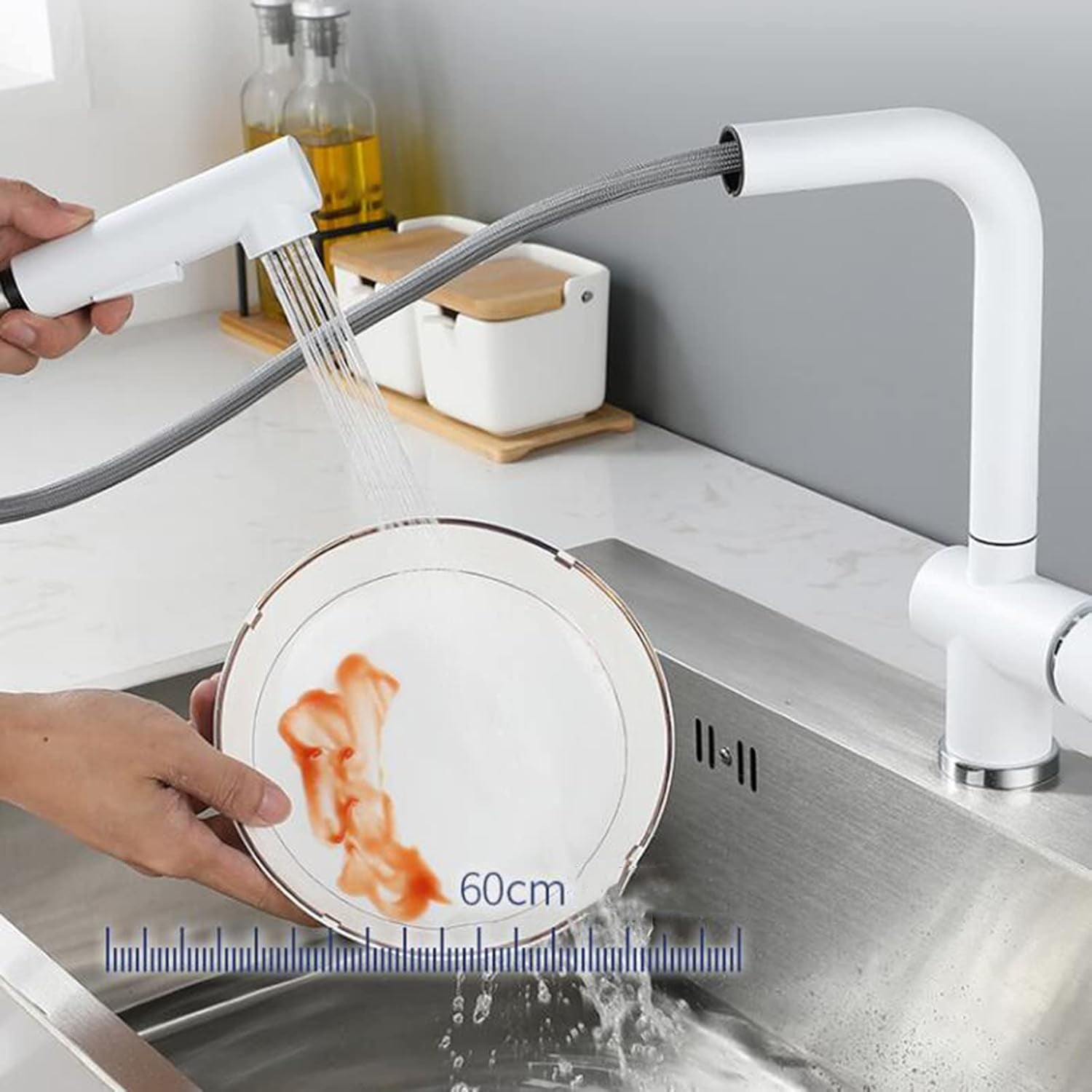 Kitchen Faucets with Pull Out Spray, Kitchen Mixer Faucet Stainless Steel Swivel Hot and Cold Water Dual Mode Multifunction Pull Out Kitchen Sink Faucet-White