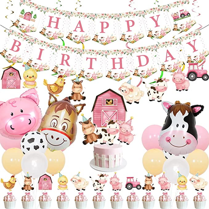 Pink Farm Animals Birthday Decorations for Girls Farmhouse Floral Theme  Happy Birthday Banner Cow Pig Donkey Balloons Hanging Swirls Cake Cupcake  Toppers for Kids Barnyard Theme Bday Party Supplies 