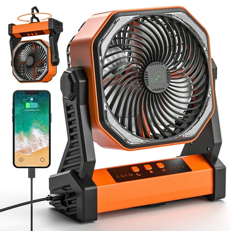 

Camping Ttravel Personal Fan with LED Lantern 58H 20000mAh Rechargeable Battery Operated Desk Fan 10 inch with 5V/2A Charger USB Port 4-Speed 270° Rotation for Home or Outdoor