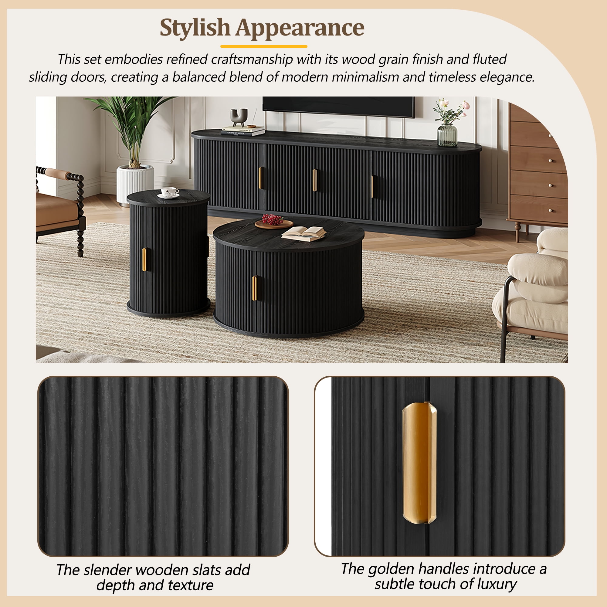 Euroco Wooden TV Stand & Coffee Table Set with Fluted Sliding Doors for TVs up to 75", Golden Handles Media Console with Cable hole, Farmhouse Round Center Table for Living Room, Black