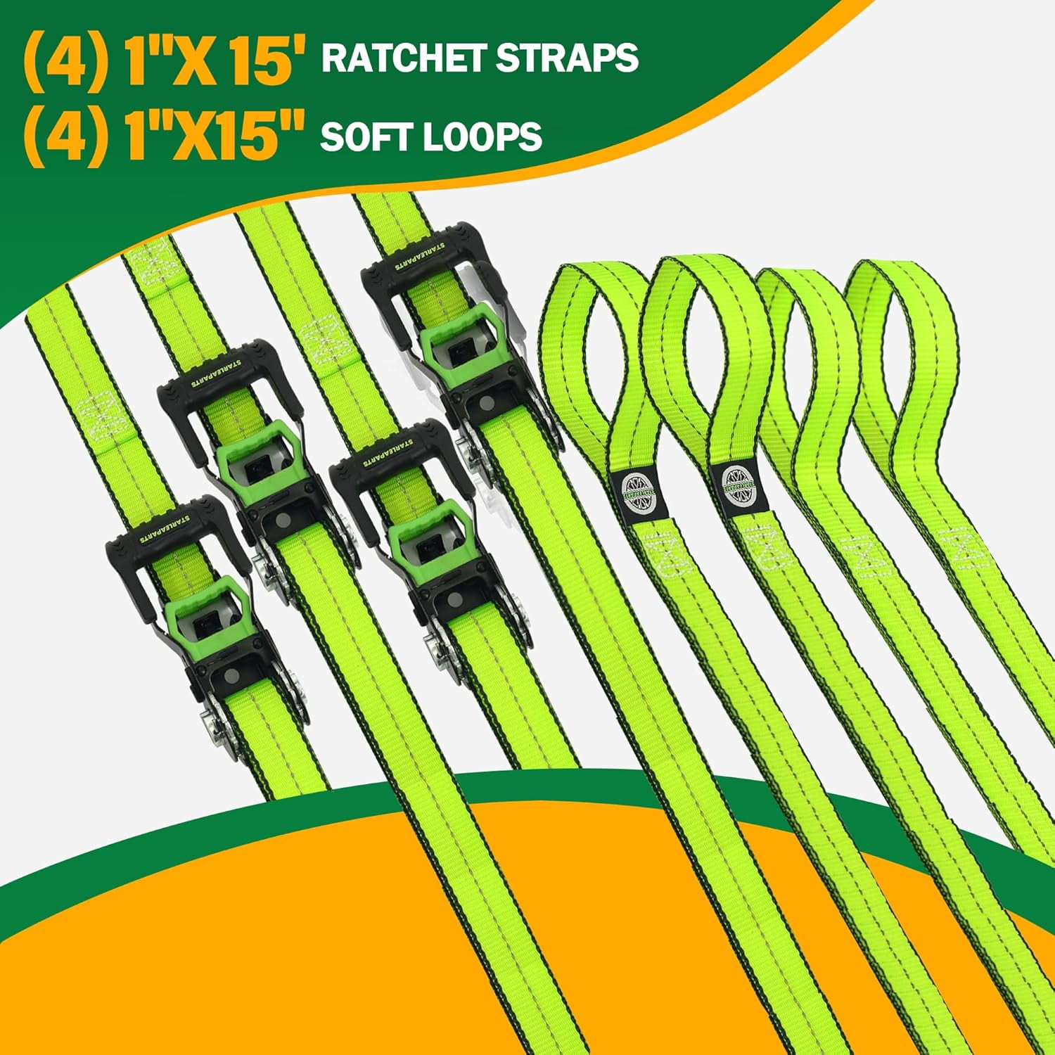 STARLEAPARTS Heavy Duty Automatic Ratchet Motorcycle Tie Down Straps (4 Pack, Green, 15ft) - 2100lb Break Strength, Auto-Ratcheting Type, Soft Loop Tie-Downs for Cargo, Trucks & Appliances