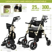 Foldable Rollator Walker for Seniors with Seat, Lightweight 2 In 1 Rolling Walkers Wheelchair Combo for Adult, Transport Chair with Brakes, Adjustable Seat and Handle, 300 Lb. Weight Capacity