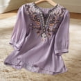 thumbnail image 4 of Summer Women Boho T-Shirts Floral V Neck Embroidered Tops Short Sleeve Loose Casual Flowy Trendy Shirts Purple 2XL, 4 of 6
