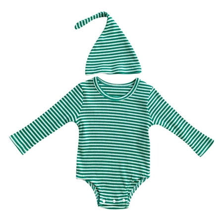 

Baby Boy Girl Clothes Set Baby Boys Girls Long Sleeve Striped Ribbed Romper With Cute Hat Outfit Set Clothes 2Pcs