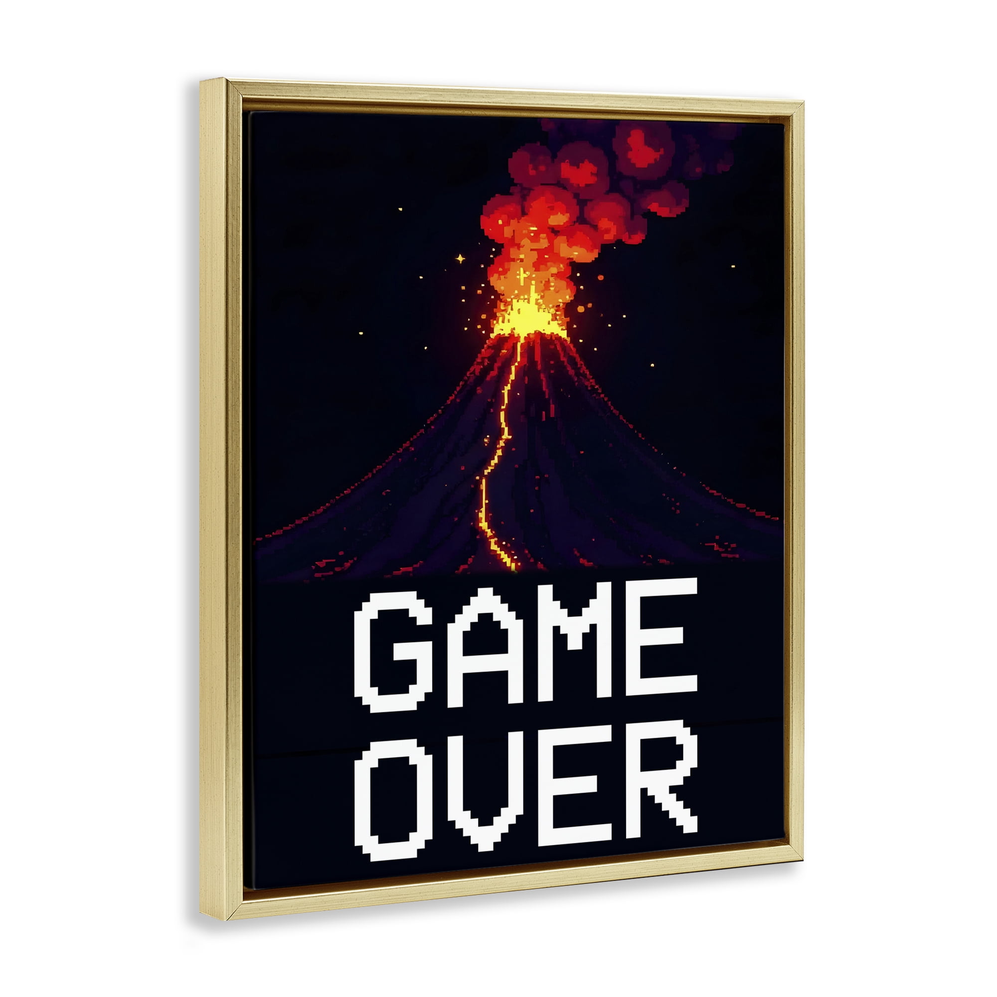 Pixel Volcano Game Over Gold Framed Floater Canvas Wall Art, design by Kim Allen