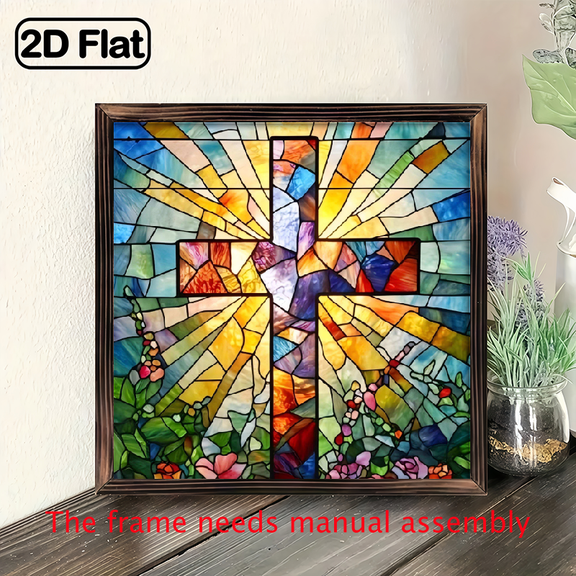 2D flat, an 8 - inch wooden framed painting, Stained glass cross For home Decorative Signs & Plaques. The frame needs manual assembly