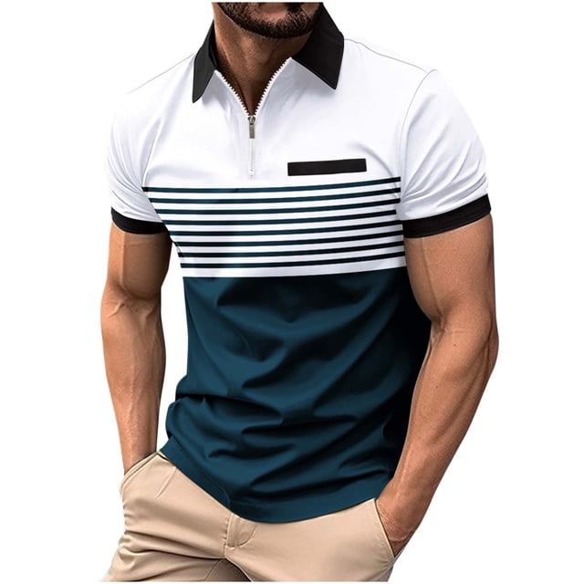 Blusa de Manga Corta de los Hombres de la Moda de la Raya de la Cremallera Del Cuello de Vuelta Superior, Poliéster Versátil Camisa de Ocio para la Primavera Del Verano Al Aire Libre Y Casual