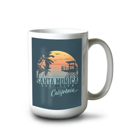 

15 fl oz Ceramic Mug Santa Monica California Surf Club Sunset and Lifeguard Booth Dishwasher & Microwave Safe