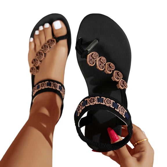 ZACPNCV Womens Boho Flat Flip Flops Ethnic Print Round Toe Elastic Back Strap Summer
