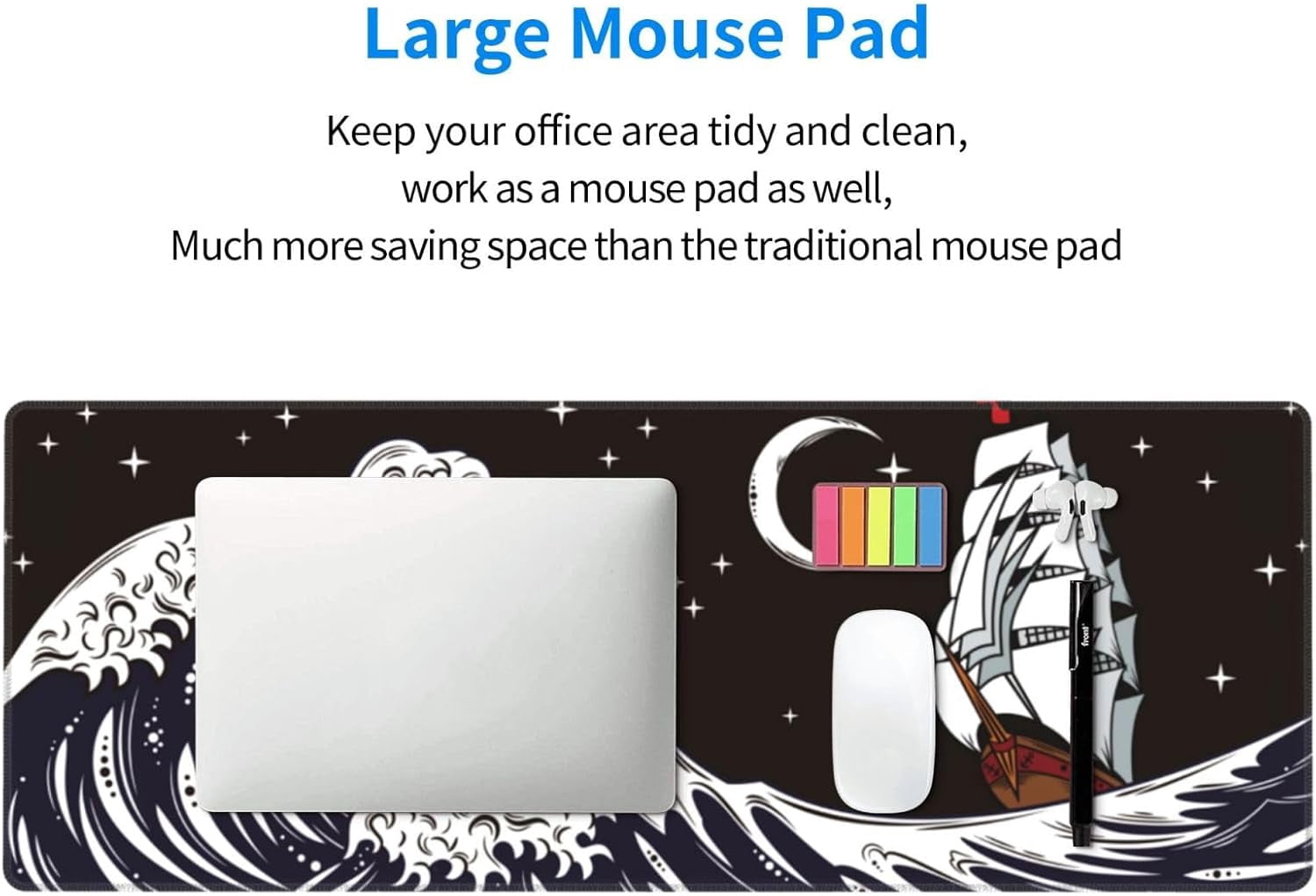Japanese Wave Mouse Pad, Waterproof Extended Large Gaming Mousepad Desktop, Big Long Non-Slip Mouse Mat for Laptop, Keyboard, Computer for Decor Office, 31.5 * 11.8 in