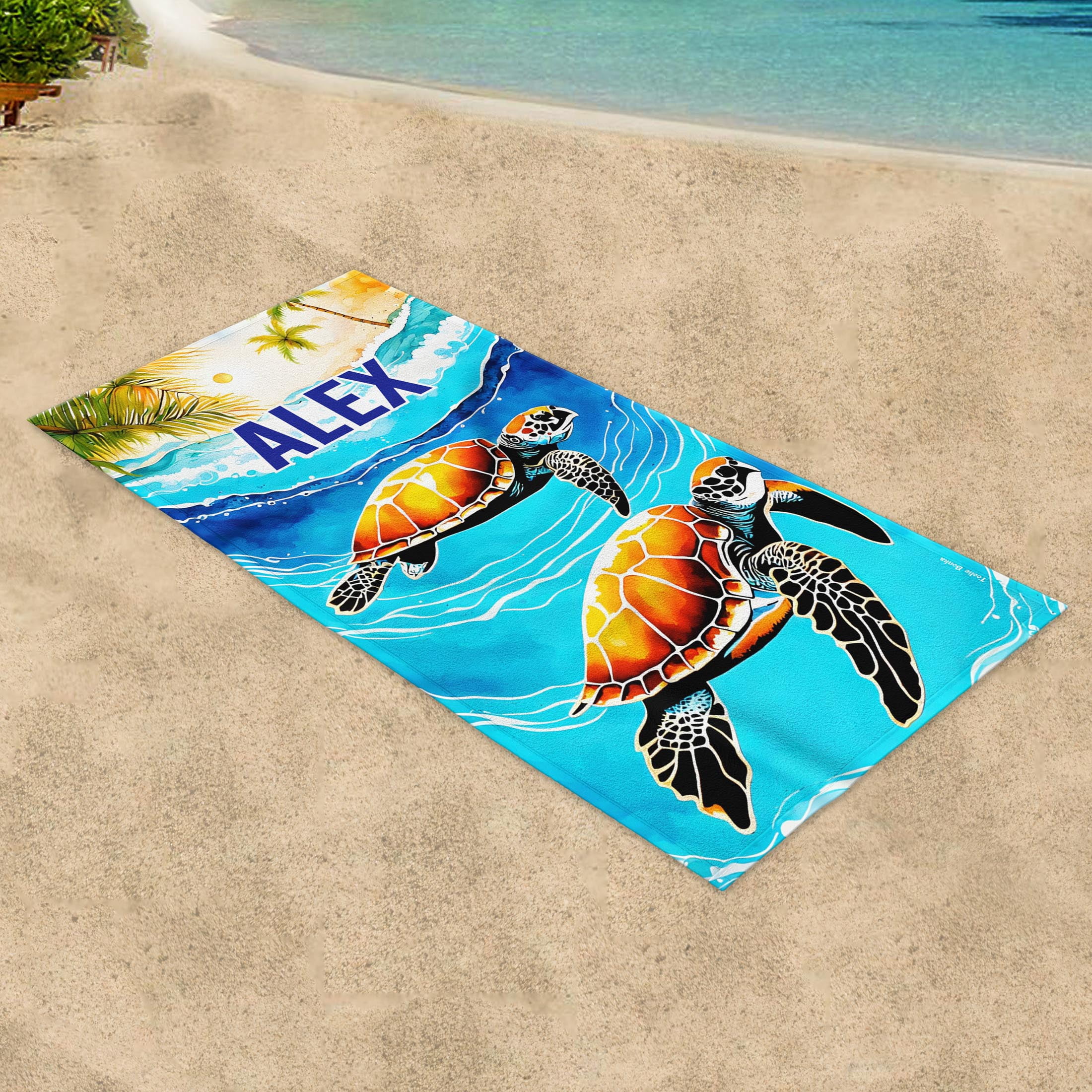 Toolie Bonka Personalized Tropical Sea Turtle Beach Towel for Boys, 30×60 Dual sided Polyester & Cotton gift towels for kids