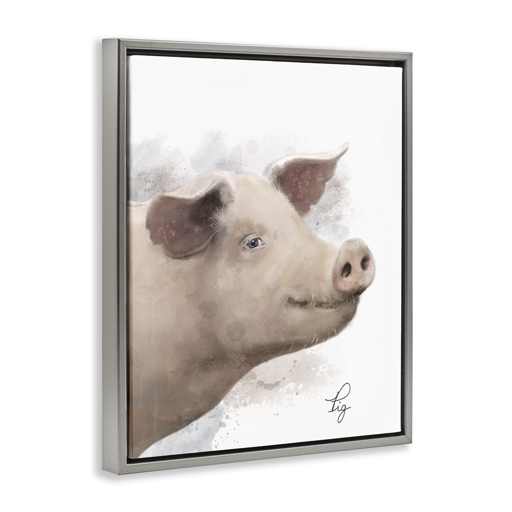 Stupell Industries Smiling Farm Pig Animals Painting Gray Floater Framed Canvas Art Print Wall Art, 17 x 21