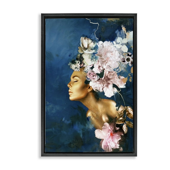 Stupell Industries Sophisticated Floral Woman Portrait Painting Black Floater Framed Canvas Art Print Wall Art, 17 x 25