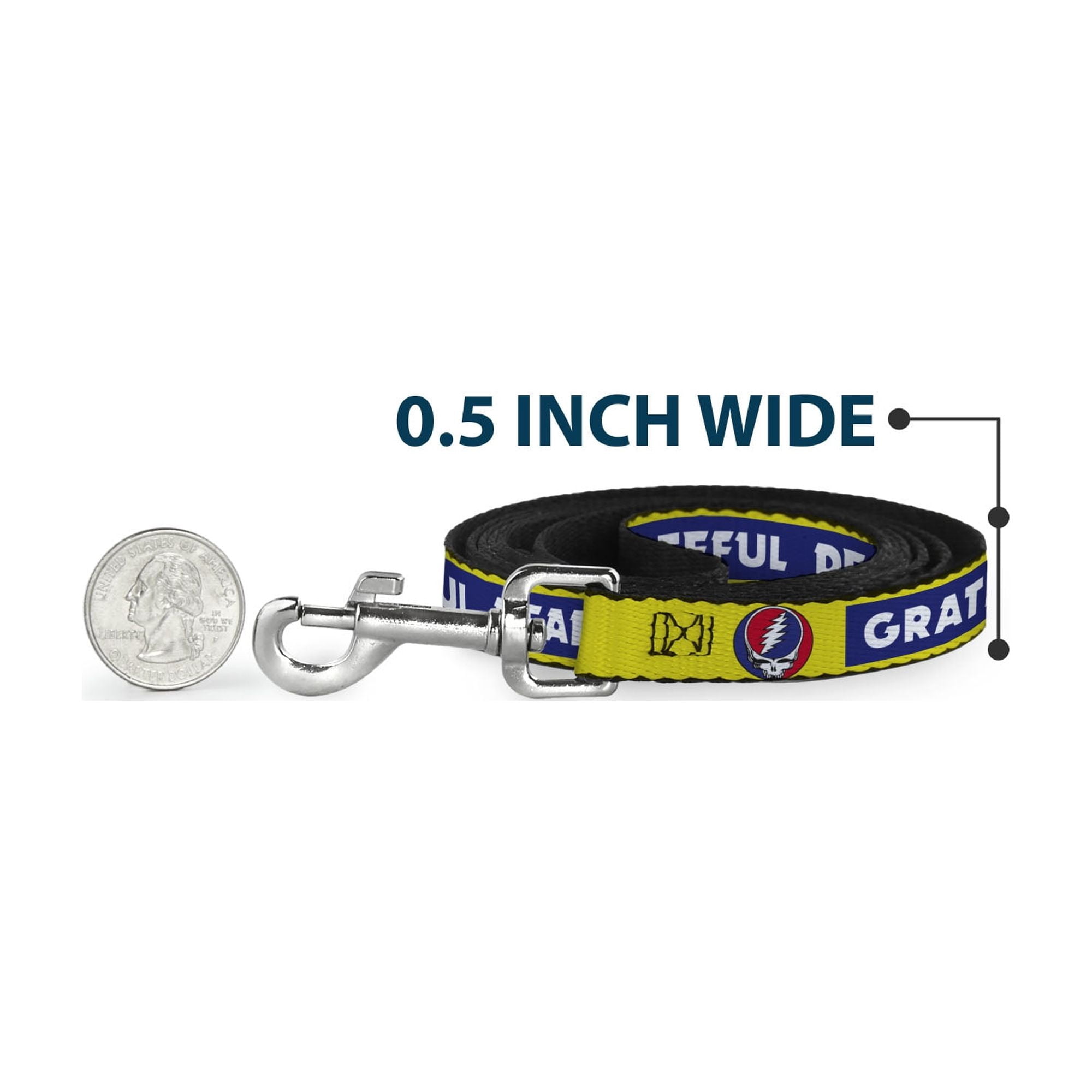 Grateful Dead Pet Leash, Dog Leash, Grateful Dead Text Box and Steal Your Face Logo Yellow/Blue, 6 Feet Long 1.0 Inch Wide