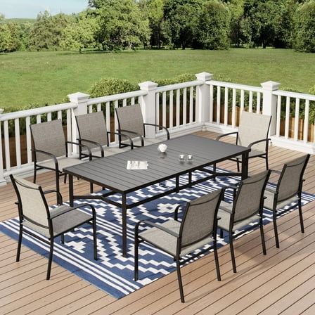 9-Piece Outdoor Patio Dining Set with Metal Steel Rectangular Table with Umbrella Hole & Textilene Chairs for 8-Person, Black & Gray-brown
