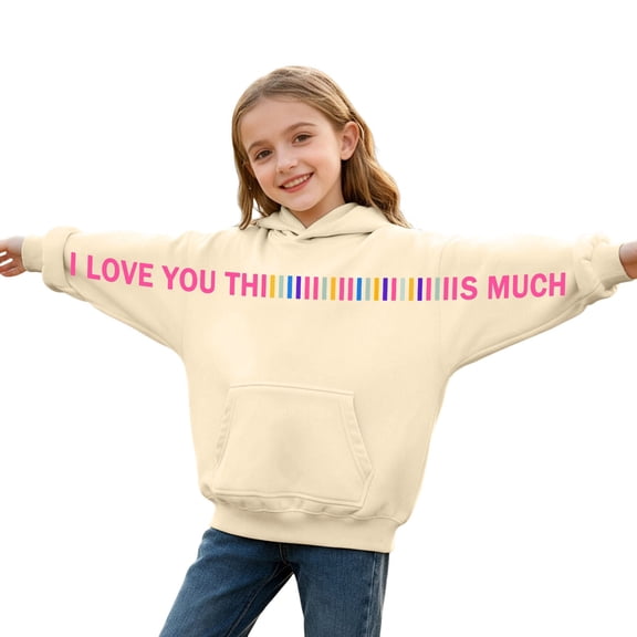 QUOTAY Girls Letter Print Long Sleeve Hooded Sweatshirt Casual Pullover Hoodie with Drawstring Soft for Daily Wear and Activities Girls Hoodie 01_Beige,3-4 Y
