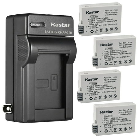 Kastar 4-Pack Battery and AC Wall Charger Replacement for Canon LP-E8 Battery Canon LC-E8 LC-E8E Charger Canon EOS 550D EOS 600D EOS 650D EOS 700D EOS Kiss X4 EOS Kiss X5 EOS Kiss X6 Cameras