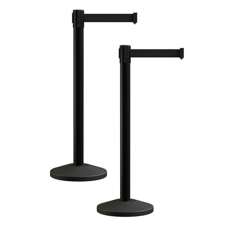 Black Crowd Control Stanchion Retractable Belt Barrier with 7.5 Ft Black Belt- MLine 630