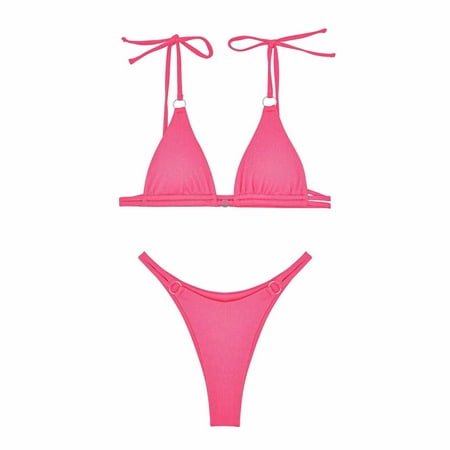 Arnsht Women s Two Piece Bikini Swimsuit Soft Comfortable Ribbed Triangle Top Bathing Suits String Bikini Sets With Chest Pad Hot Pink M