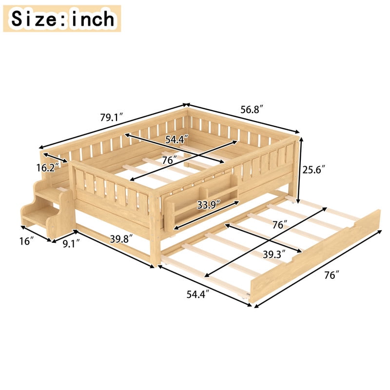 URTR Full Bed with Rail and Bookshelf, Full Size Wooden Montessori Floor Bed with Small Stairs and Trundle, Full Size Platform Bed Frame, No Box Spring Needed, Natural