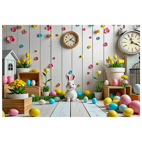 Easter Themed Decorative Backdrop Banner with Bunny Eggs Flowers and Clock Party Decorations Photography Props Background for Easter Parties Family Gatherings Photo Shoots and Celebrations