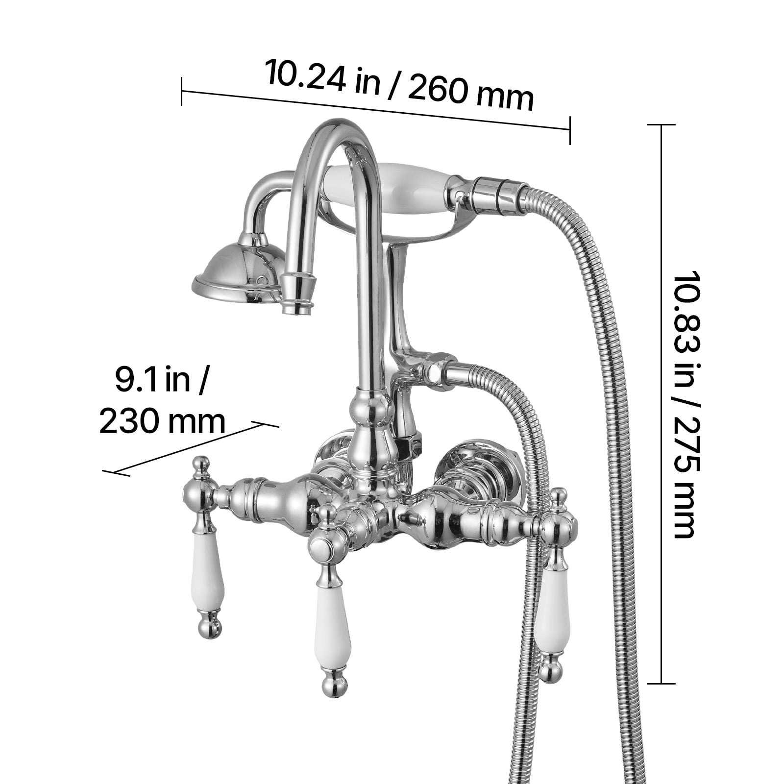 VEVOR Clawfoot Tub Faucet, Wall-Mounted Bathtub Faucets with Handheld Shower, Polished Chrome Clawfoot Tub Filler Faucet Shower Kit with 59" Long Hose & Gooseneck Spout, Modern & Vintage for Bathtubs