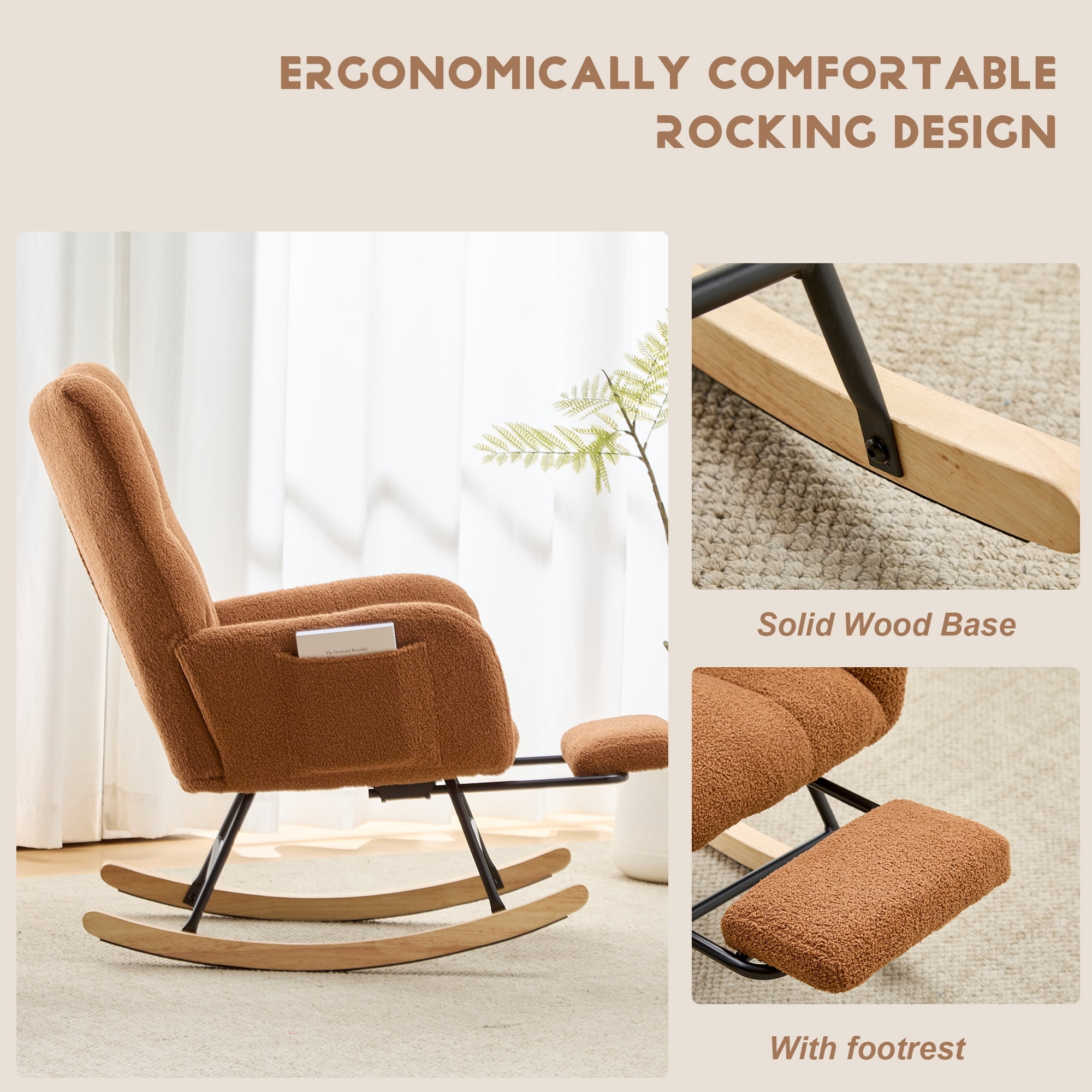 Hforesty Nursery Rocking Chair Teddy Upholstered Glider Rocker，Comfy Armchair with retractable footrest for Living Room & Nursery,BROWN