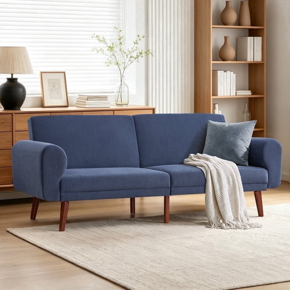 Ebello 81" Mid-Century Corduroy Roll Arm Loveseat, Wood Frame Sofa, Convertible Futon Sofa Bed with 3 Position Adjustable Backrest for Living Room,Navy Blue