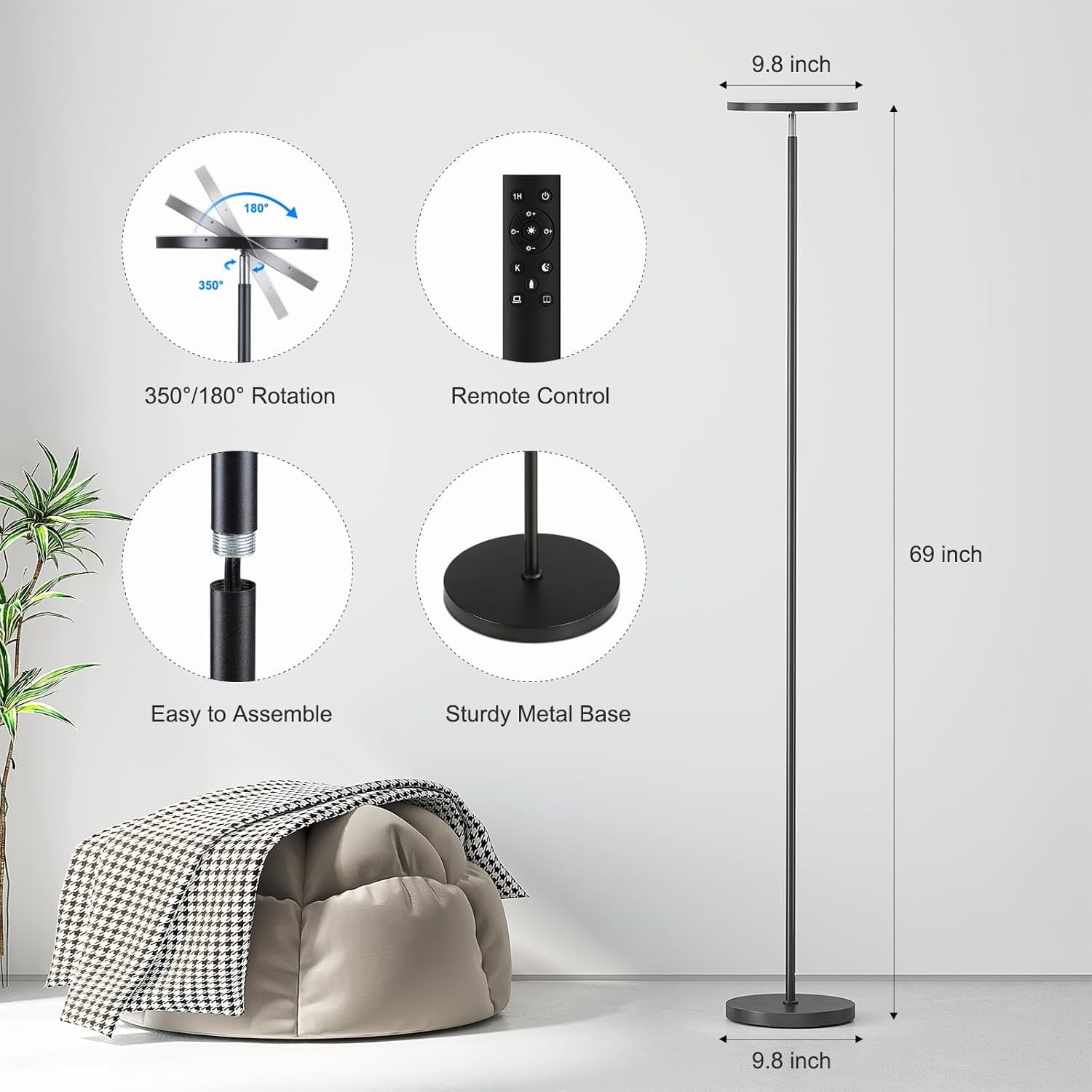 Floor Lamps for Living Room, 32W/3000LM Super Bright LED Floor Lamp with Remote Control, 69" Tall Standing Lamp with Stepless Dimmable, Modern Corner Lamp for Bedroom, Office