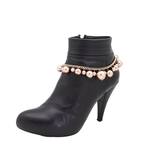 Women Gold Metal Chain Boot Bracelet Anklet Shoe Bronze Pearl Bead Charm