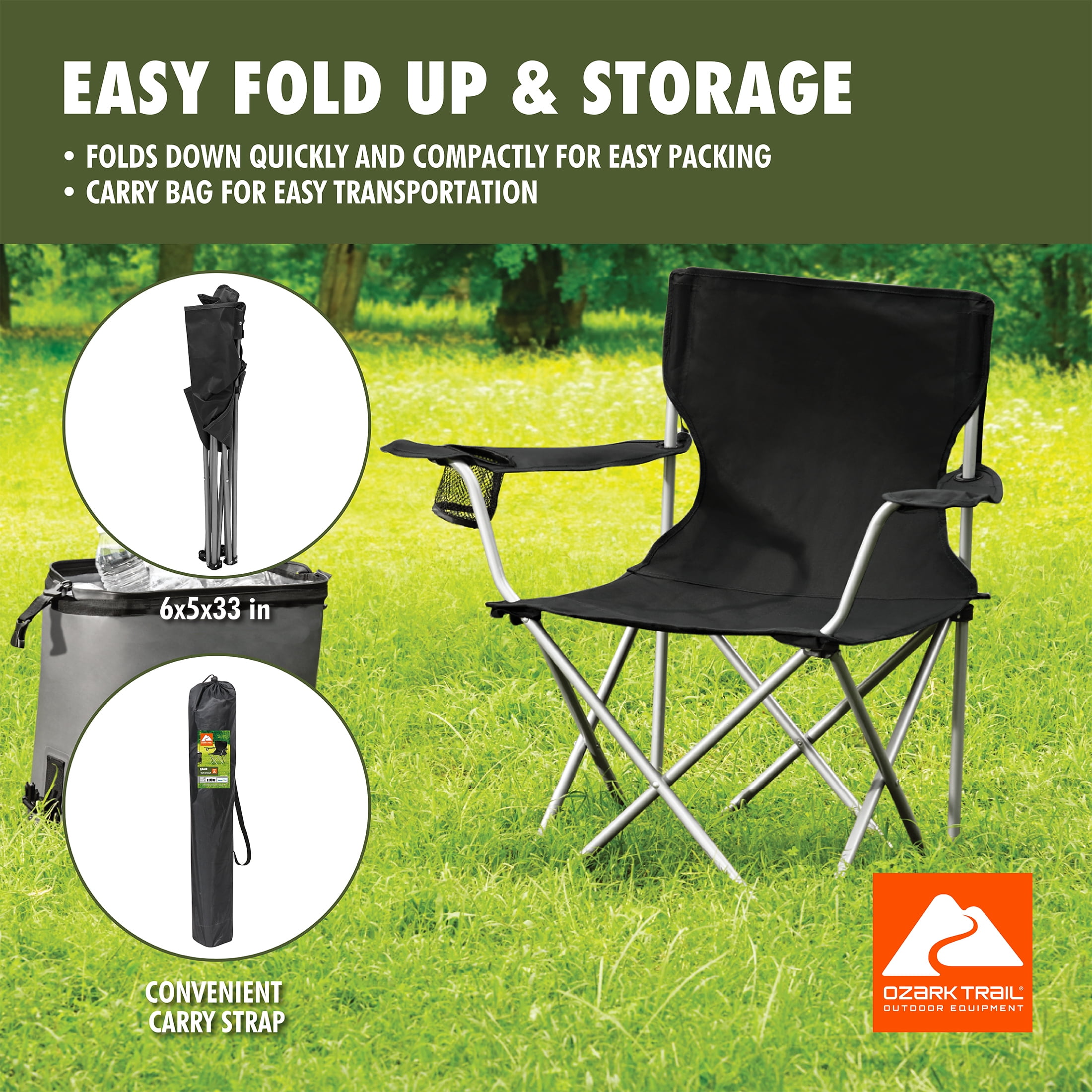 (6 pack) Ozark Trail Quad Folding Camp Chair with Cup Holder, Black