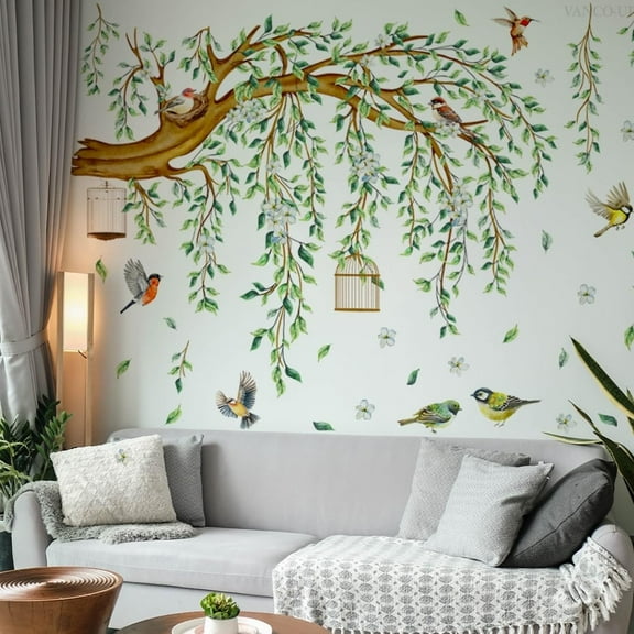 4 sheets Large Tree Sticker Green Hanging Plants Wall Sticker Birds Flower Branches Wall Art Decals Transparent Wall Murals Peel and Stick Nature for Living Room Bedroom TV Wall glass dec