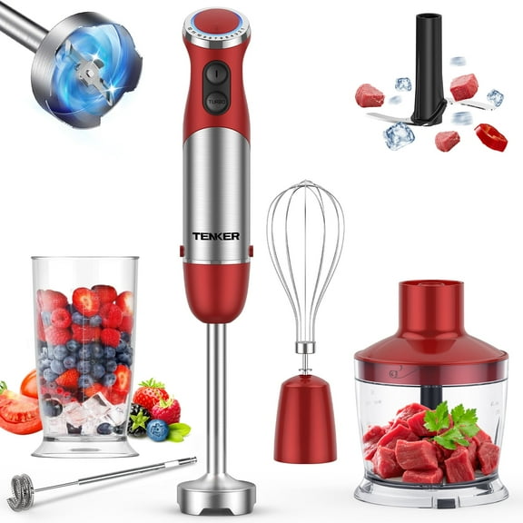 5-in-1 Immersion Blender, 1100W - 12-Speed Handheld Stick, 600ml Beaker, 500ml Food Processor, Egg Whisk, Milk Frother for Easy Cooking, Red