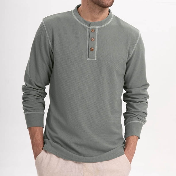 pstuiky camisa de manga larga para hombre, Sudadera informal de color liso con botones y manga larga y cuello redondo para hombre top de hombre xxl