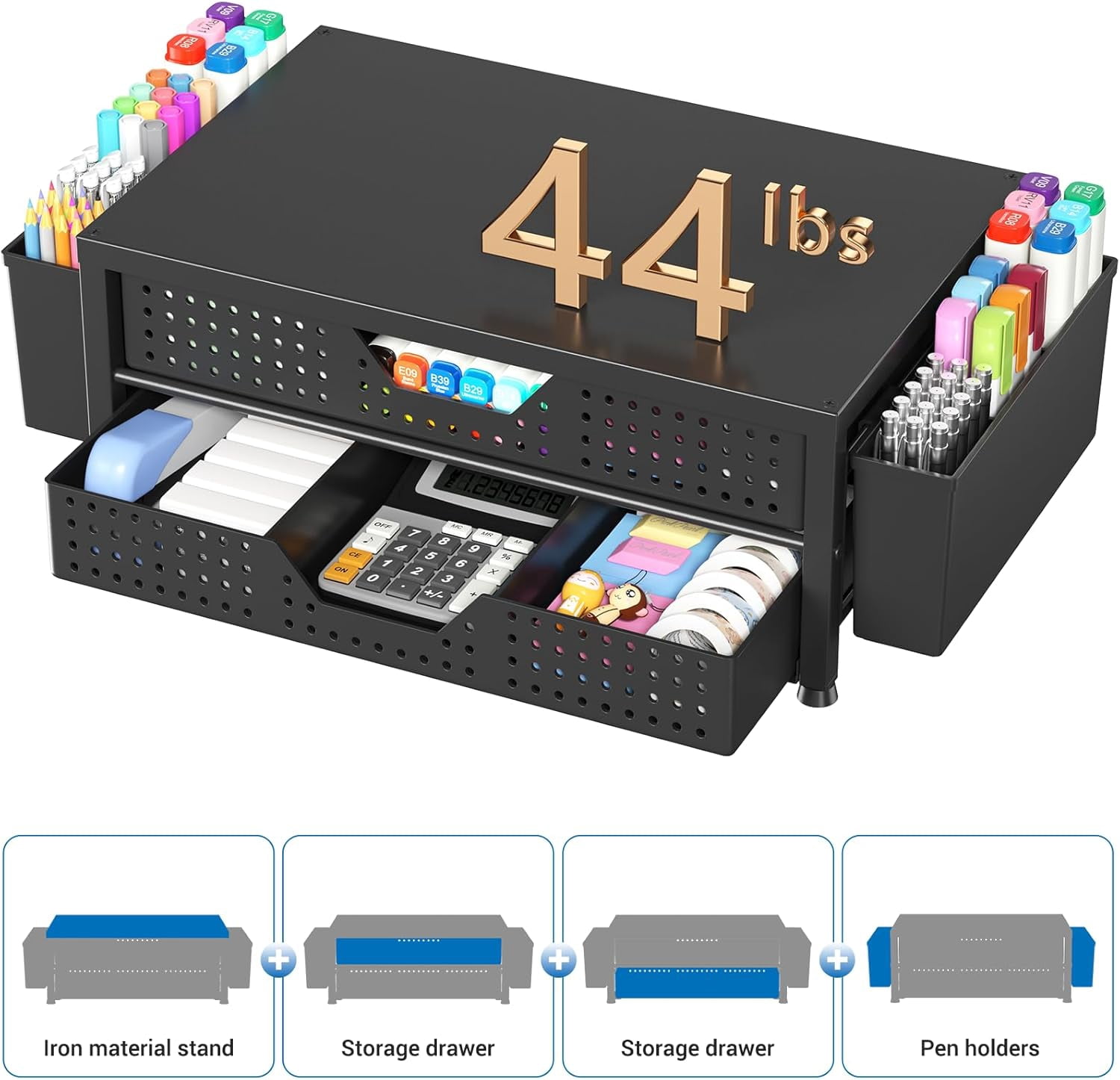 Computer Monitor Stand Riser with 2 Drawers & 2 Pen Holders, Desk Organizer for Office Supplies, Laptop Stand for Desk, Workspace Desk Organizers and Accessories for Home Office, Black