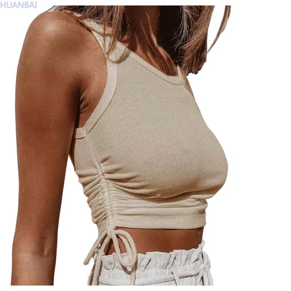 HUANBAI Women's Summer Solid Color Crop Top Square Neck Sleeveless Tie Up Vest Tee Shirt Cotton Tank Top