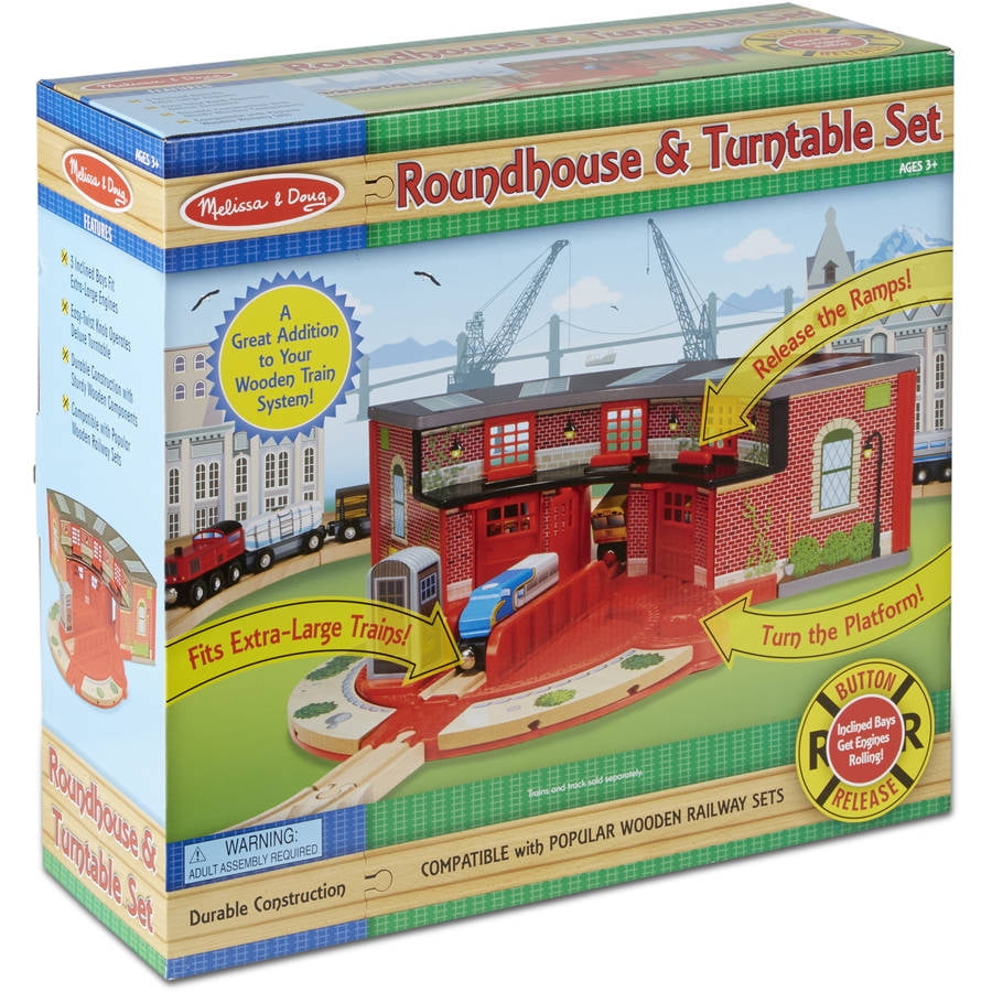 wooden train roundhouse and turntable set
