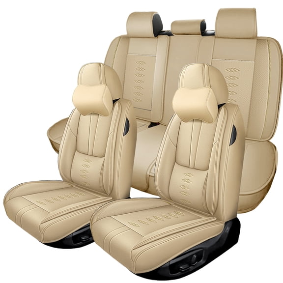 Fit for FORD RANGER 2019 Car Seat Cover, Beige Car Seat Covers, Leather Full Set of 5 Seats With a Headrest and Lumbar Support Waterproof, Only for Crew Cab, Pet Car Seat Covers