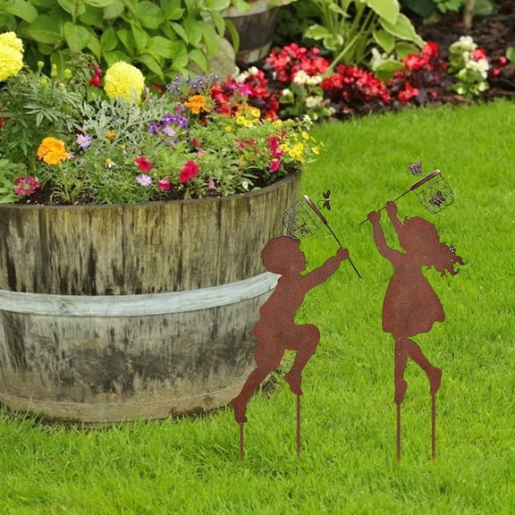 1 Pair Boy Girl Catching Butterfly Metal Decorative Garden Stakes Outdoor Decor Silhouette Yard Spring