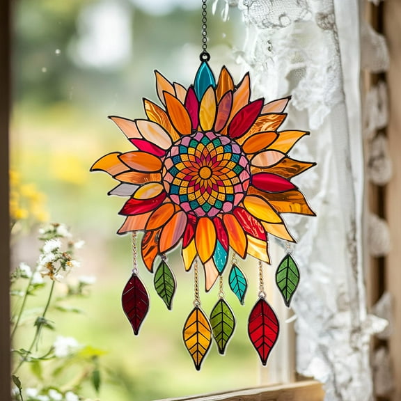 Faux Stained Glass Sunflower Suncatcher, Acrylic Summer Flower Window Hanging, Spring and Summer Decor, Gift for Grandma and Sunflower Lover