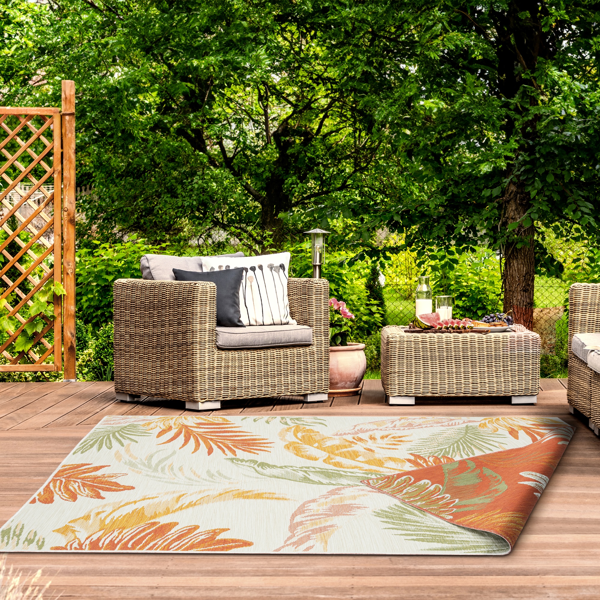 Ox Bay Cara Reversible Floral Polypropylene Performance Indoor/Outdoor Area Rug, Orange/Green/Ivory, 5'3" x 7'