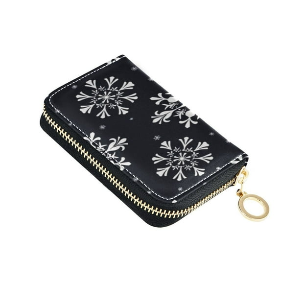 Leather Zipper Card Bag 4.7x3.1x0.8Inch Women's Card Bag Coin Purse Credit Card Bag Bank Card Bag Business Card Bag Coin Bag Snowflake with Black Background