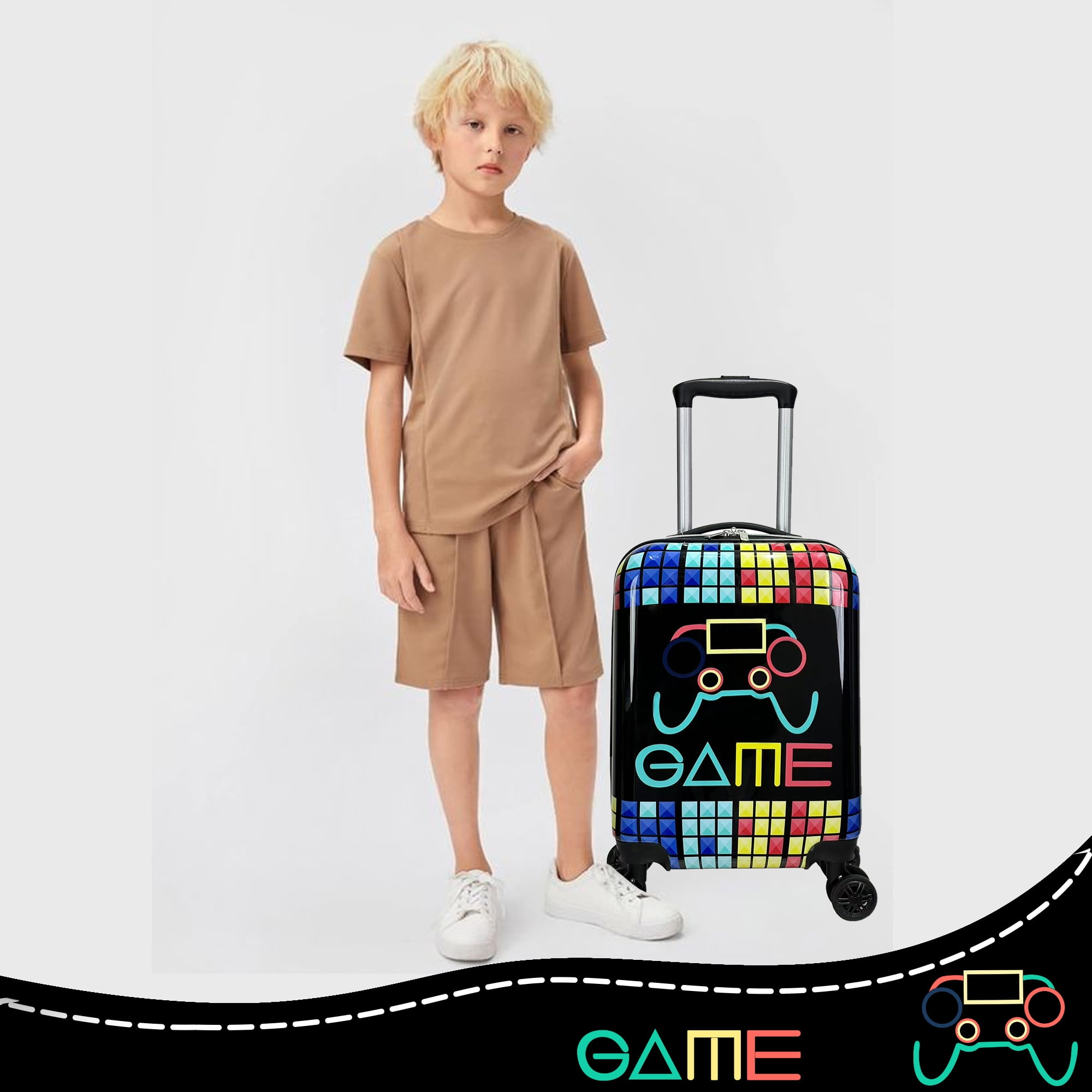 Kids Carry on Luggage Sets with Neck Pillow Airplane Small Hardshell Kids' Suitcases for Boys with Wheels Travel Essentials for Kids 16 Inch Black Suitcase